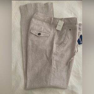 NWT Dalia Khaki White Stripes Draw String Linen Cotton Blend Women Casual Pants